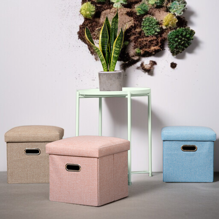 Home Large Capacity Foldable Imitation Linen Storage Stool with Handle