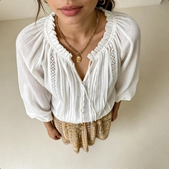 Europäischer Stil weiße Bluse mit Lochmuster und Puffärmeln lässiges Oberteil