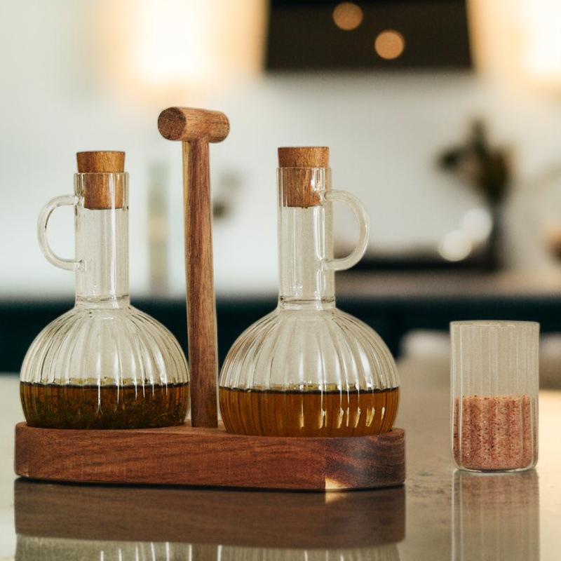 Oil Bottle with Wooden Stopper Kitchen Seasoning Striped Glass Vinegar Soy Sauce Pot