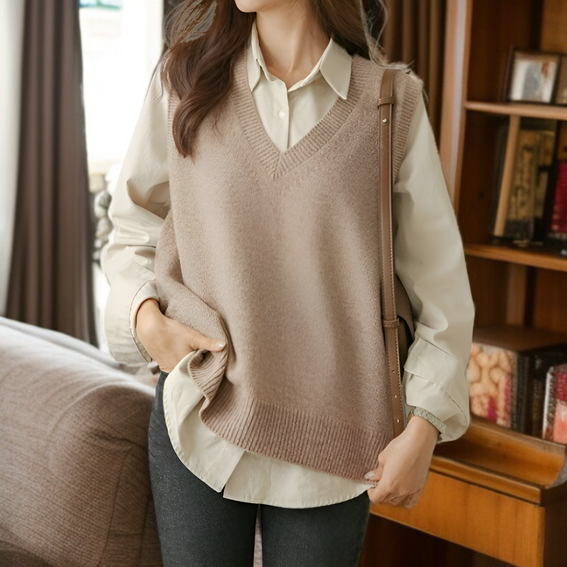 新しいゆったりとしたノースリーブニットトップ、2024年春のファッション、新しい中国風、韓国風、Vネックニットカーディガン。