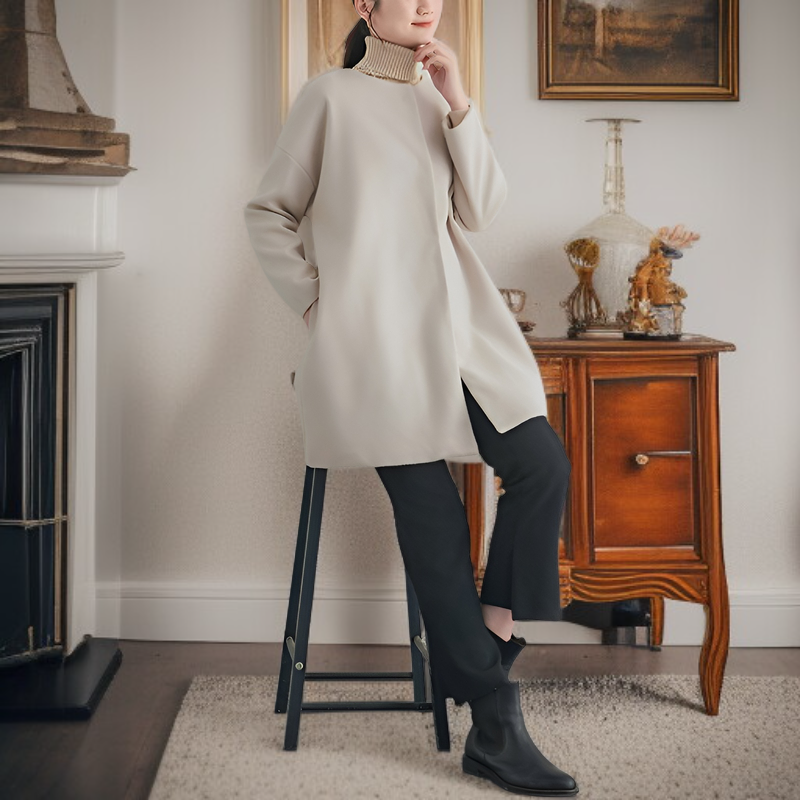 프리미엄 여성 가을 겨울 솔리드 코트 루즈핏 일자 상의 모직 코트 무드 코트