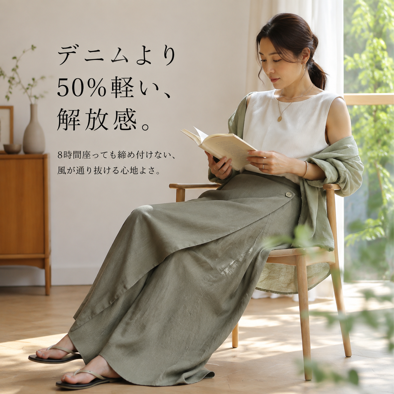 日本風英倫スタイルリネンワイド通勤スカートパンツ