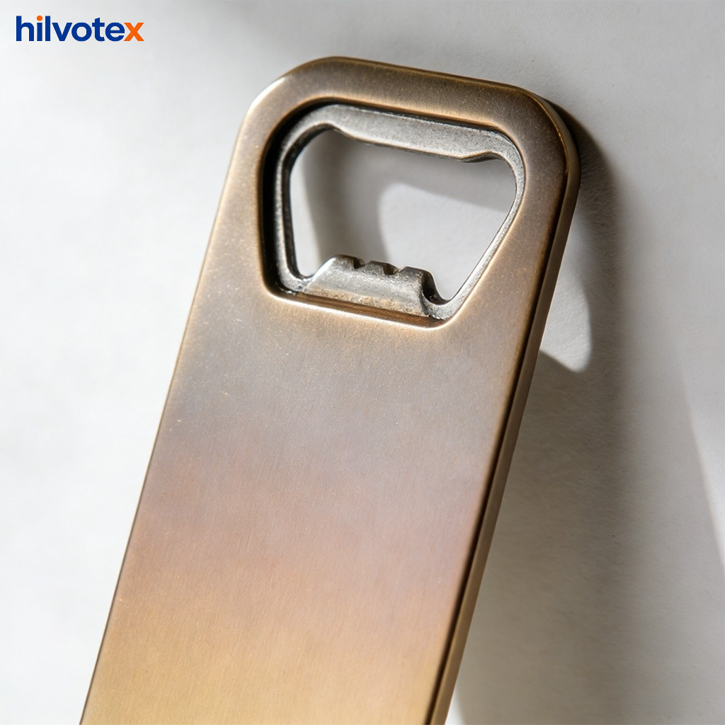 Set of five portable metal bottle openers displayed on a table