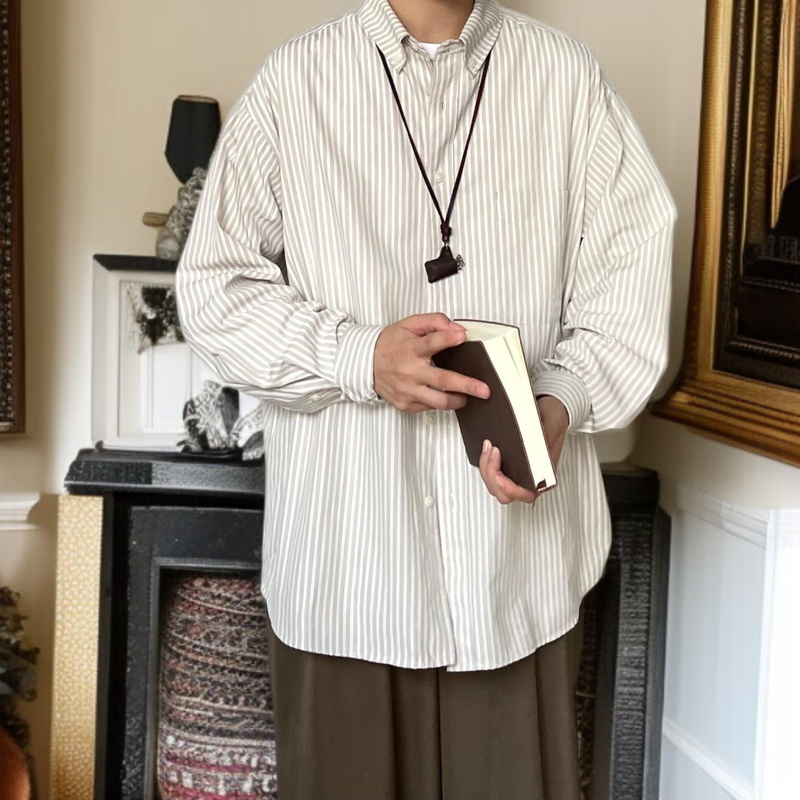 봄가을 긴팔 루즈핏 캐주얼 셔츠 스트라이프 코트 카고 셔츠