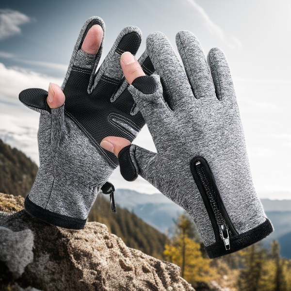 قفازات دافئة للخريف والشتاء للخارج مع تصميم سحاب ولمس إصبعين