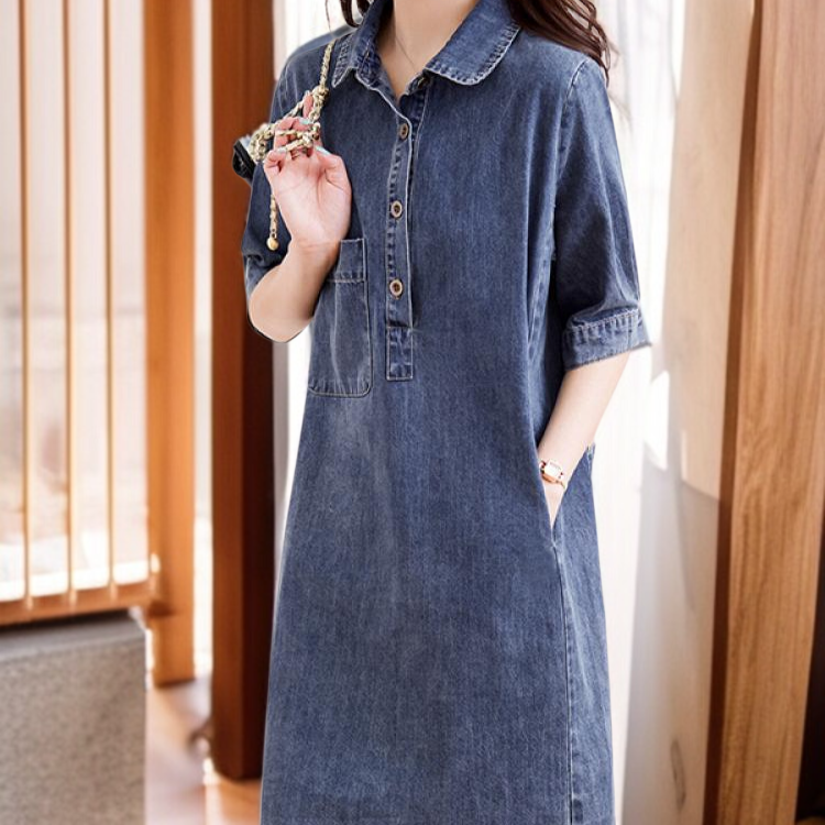 가랑이 데님 원피스 미디 스커트 빅사이즈 루즈 원피스 기질 셔츠 빈티지 원피스