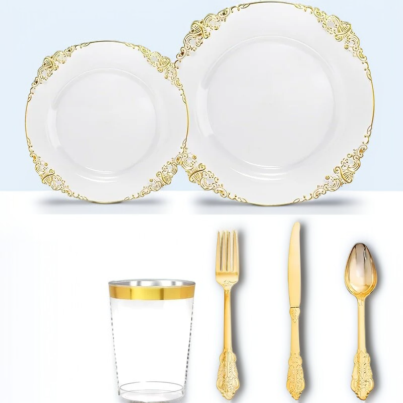 ชุดภาชนะพลาสติกสีทองสุดหรูสำหรับงานเลี้ยง 125 ชิ้น