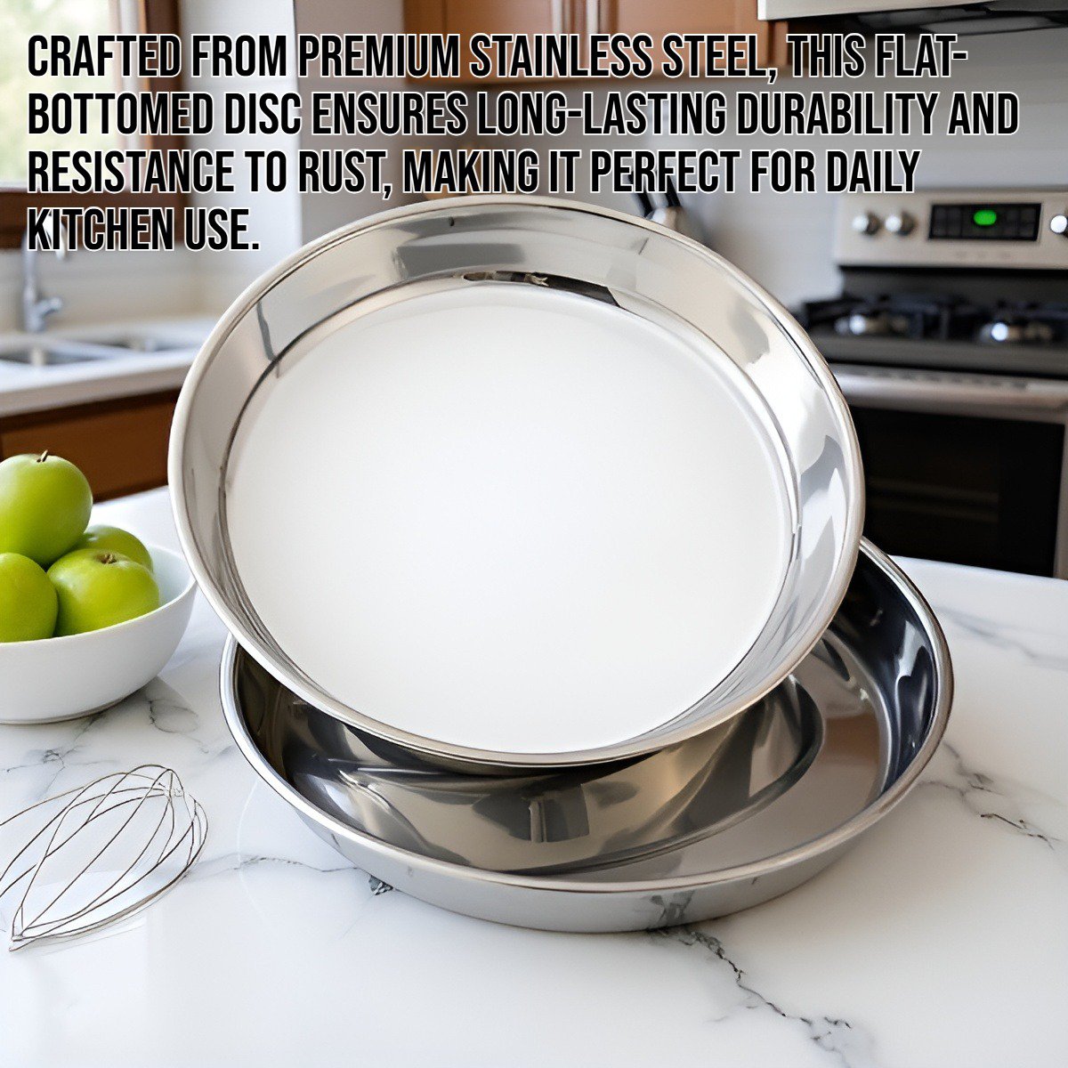 Stainless steel flat bottomed disc for kitchen use