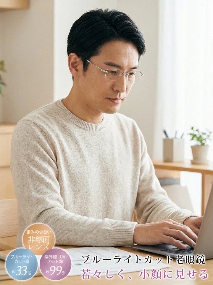 【福井県百年眼鏡工房】調光可能リムレス老眼鏡