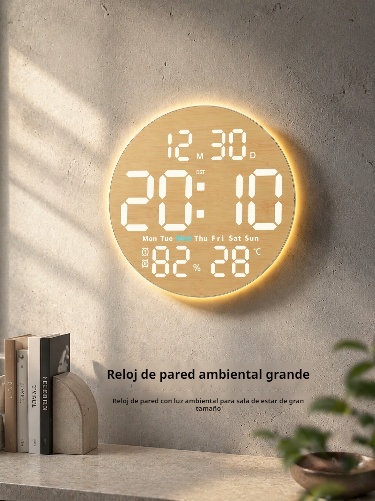 Reloj de pared LED moderno con textura de madera