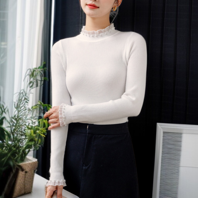 여성 블랙 루즈핏 니트 이너 반폴라 니트 레이스 이너 루즈핏 니트 풀오버 니트