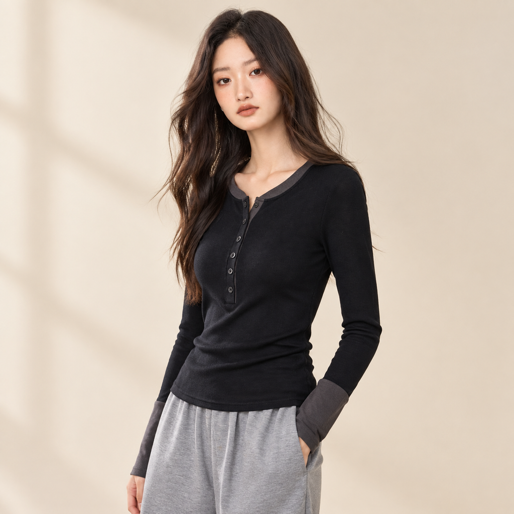봄가을 여성 배색 버튼 레이어드 긴팔 이너 티셔츠