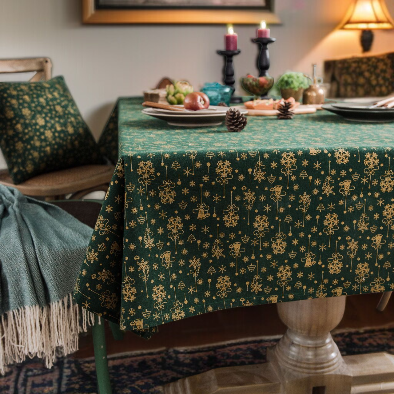 크리스마스 벨 눈송이 일본풍 면&린넨 테이블커버 프린트 직사각형