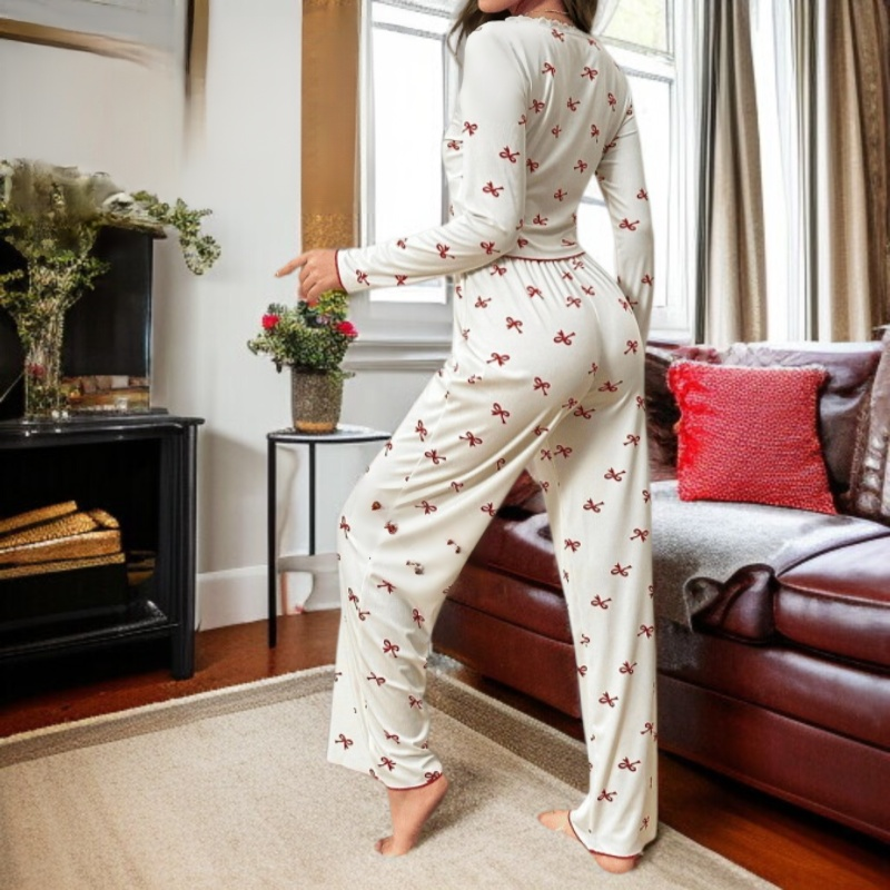 여성용 프린트 긴팔 팬츠 파자마 세트