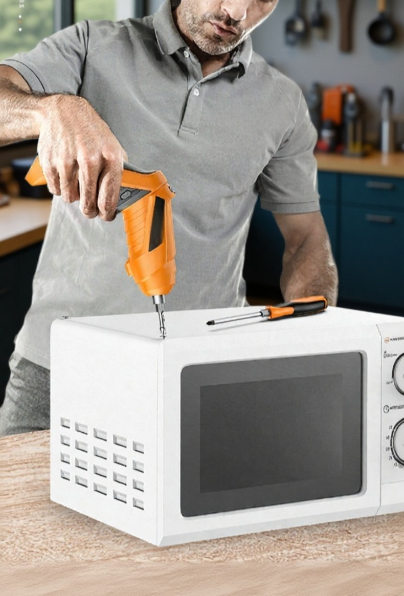 Mini-Elektroschrauber beim Möbelaufbau im Wohnzimmer