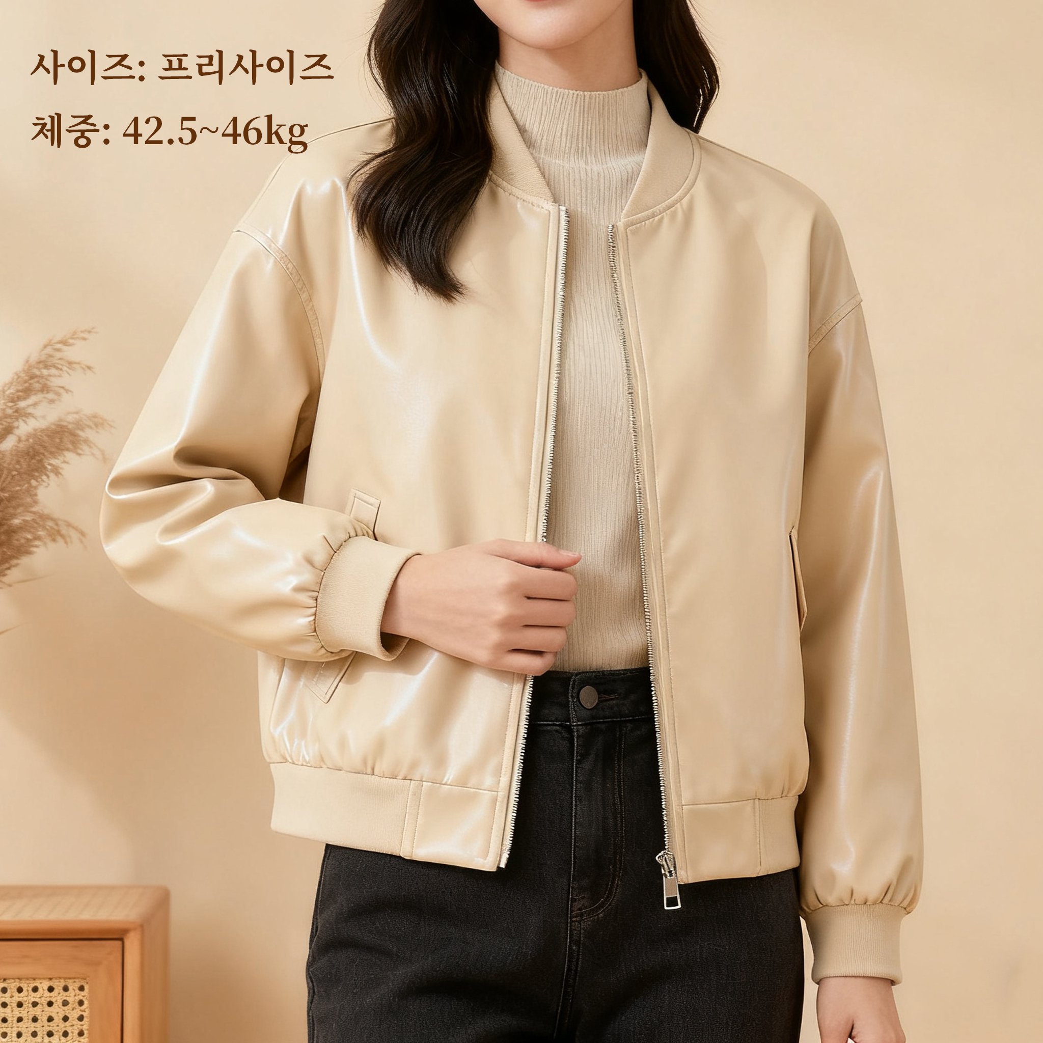 베이지 컬러 숏 재킷 디테일 확대