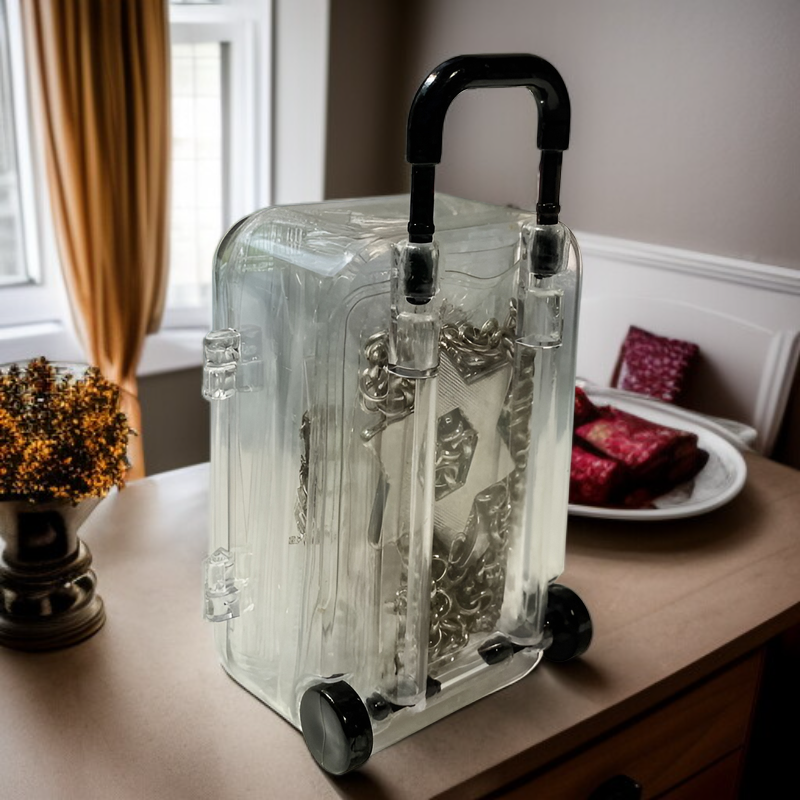 Boîte à bijoux petite valise à roulettes, boîte de rangement transparente mobile