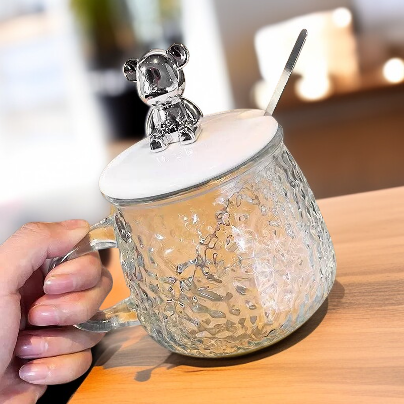 고급 곰돌이 머그컵 사무실 커피컵 물컵 유리 손잡이 꽃차컵