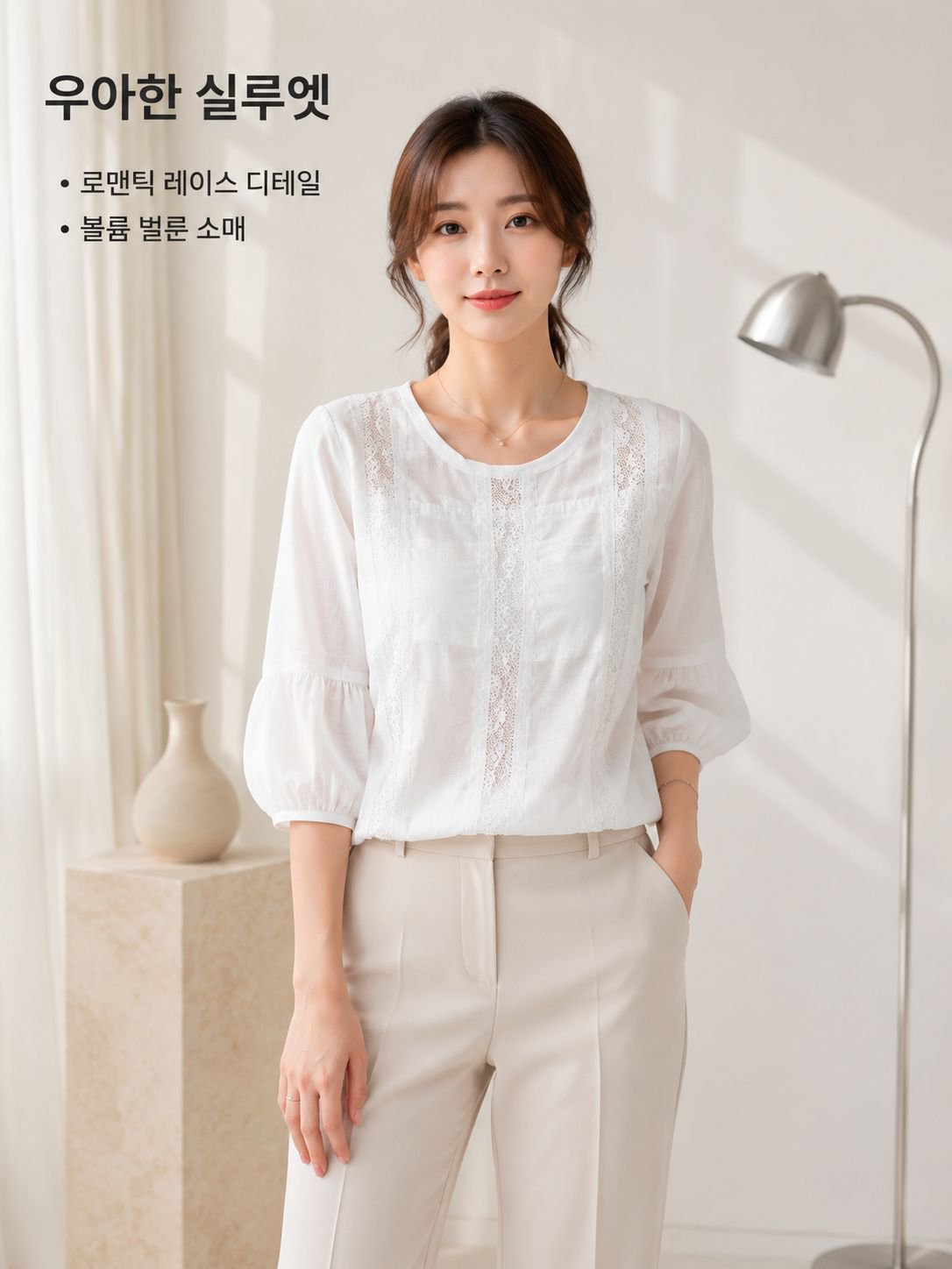 레이스 벌룬 소매 쉬폰 레이스 블라우스