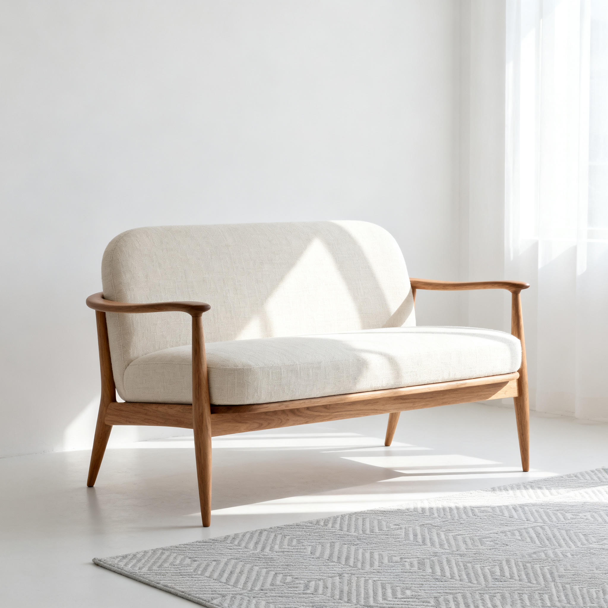 Sofá para dos personas blanco con base de madera y cojín suave //