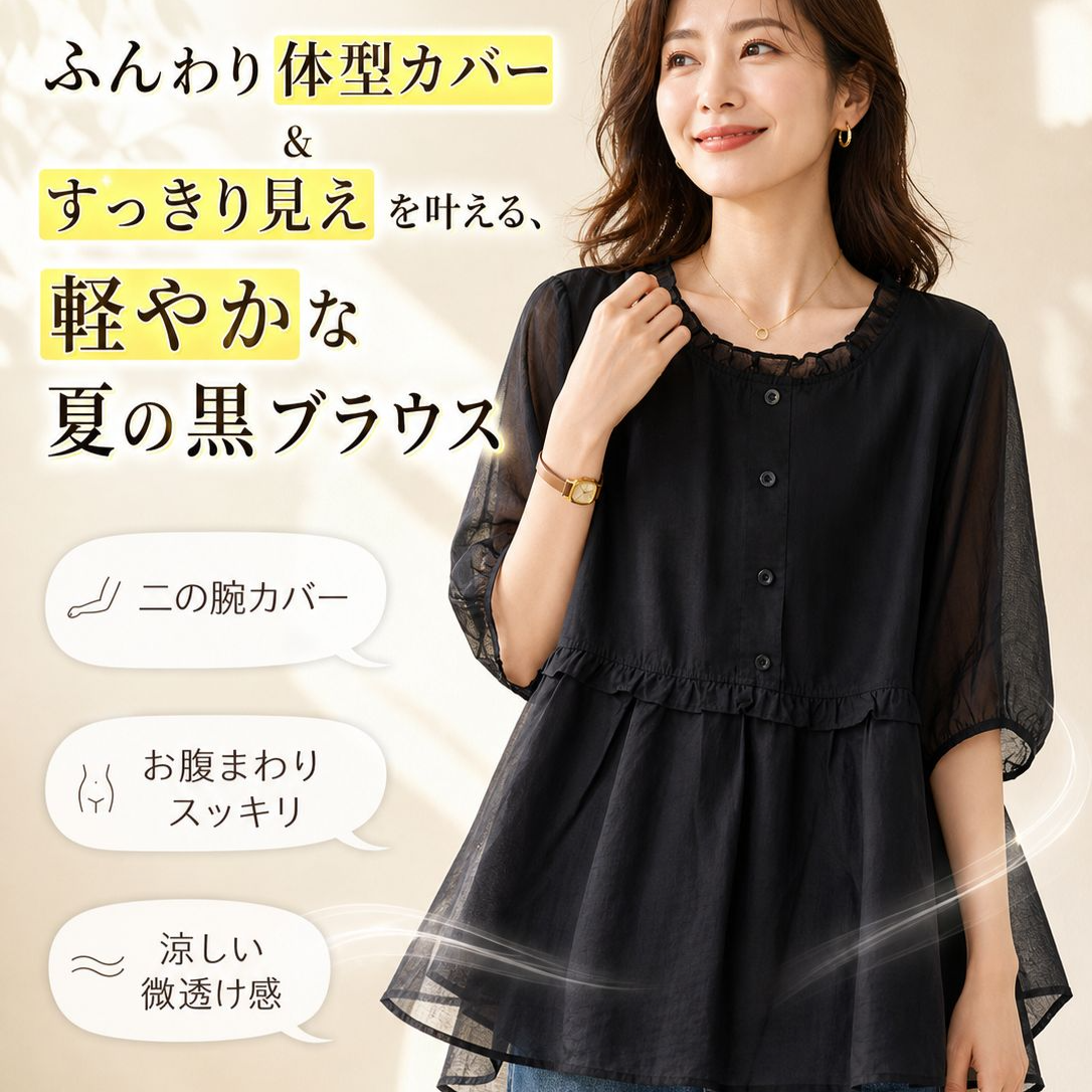 ゆったりとした黒の半袖レディーストップス