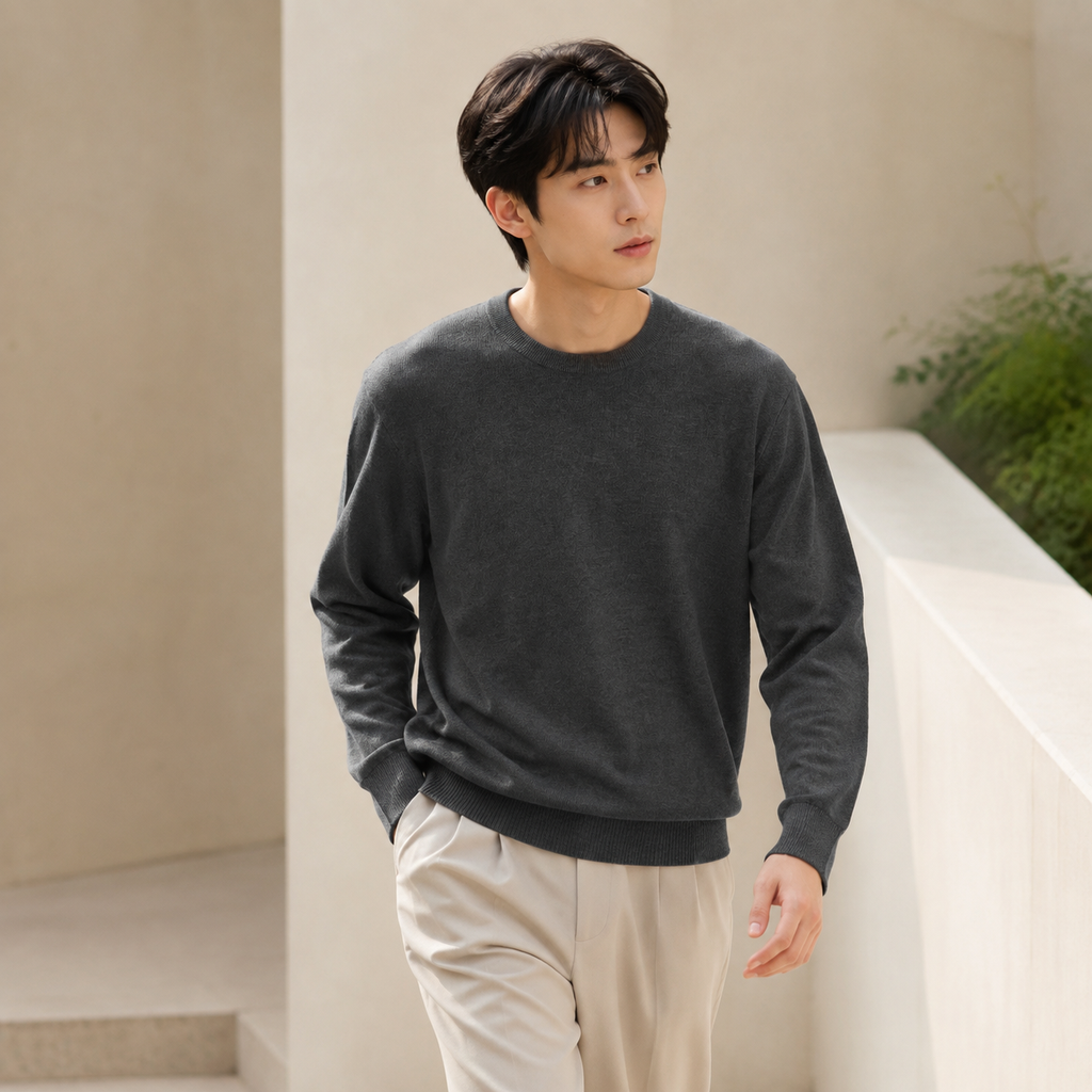 남성용 얇은 라운드넥 니트