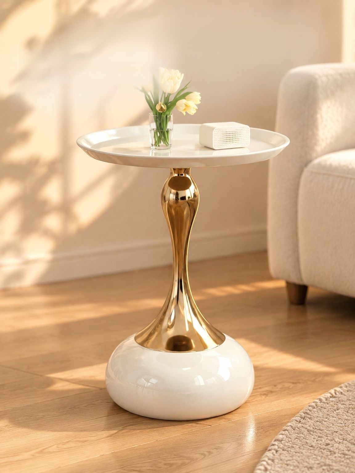 Small European style end table in a living room setting