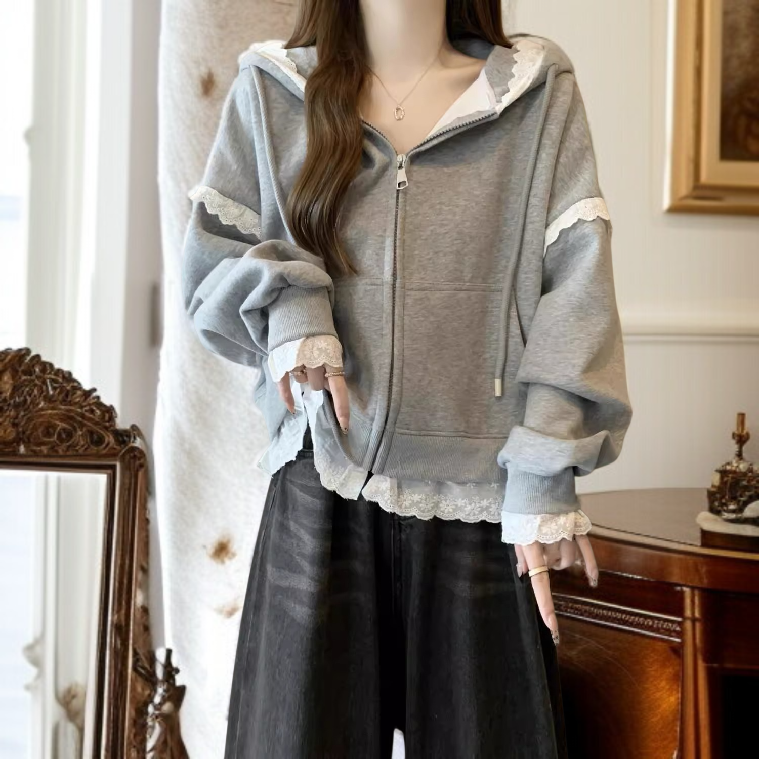 春秋新作 ヨーロッパ風大きいサイズ 上品レースフードパーカー アウター