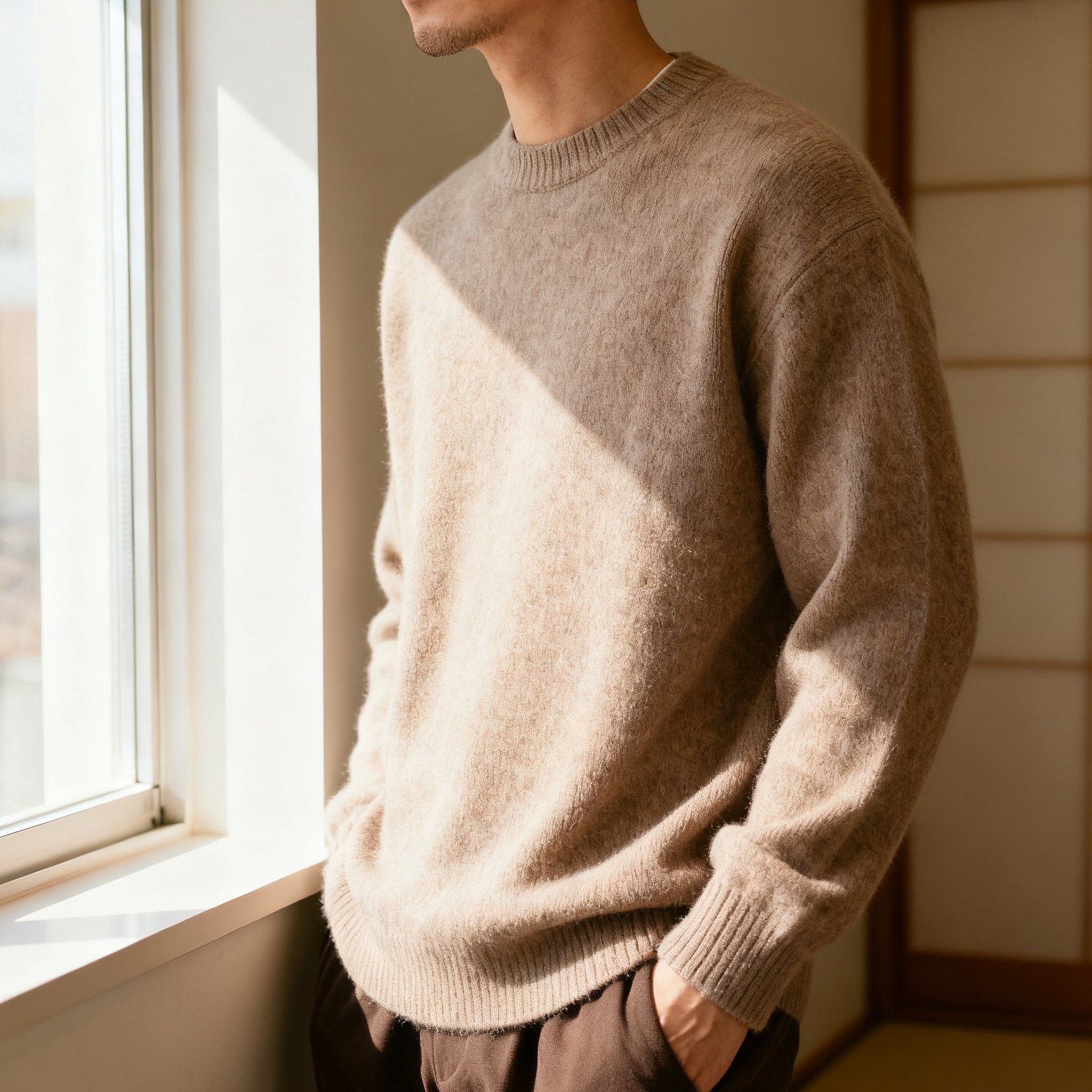 スタイリッシュなメンズクルーネックセーター着用例