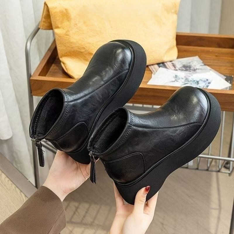 加絨厚底真皮短靴