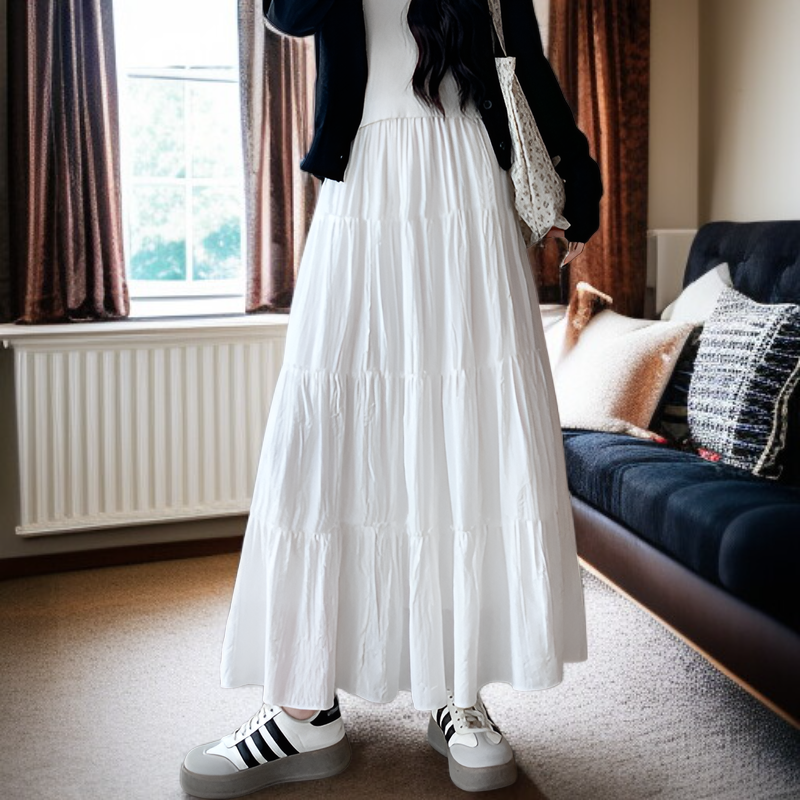 키 작은 여생 춘추 반신 스커트 여 화이트 케이크 롱 스커트 A라인 스커트 드롭 플리츠 반신 스커트