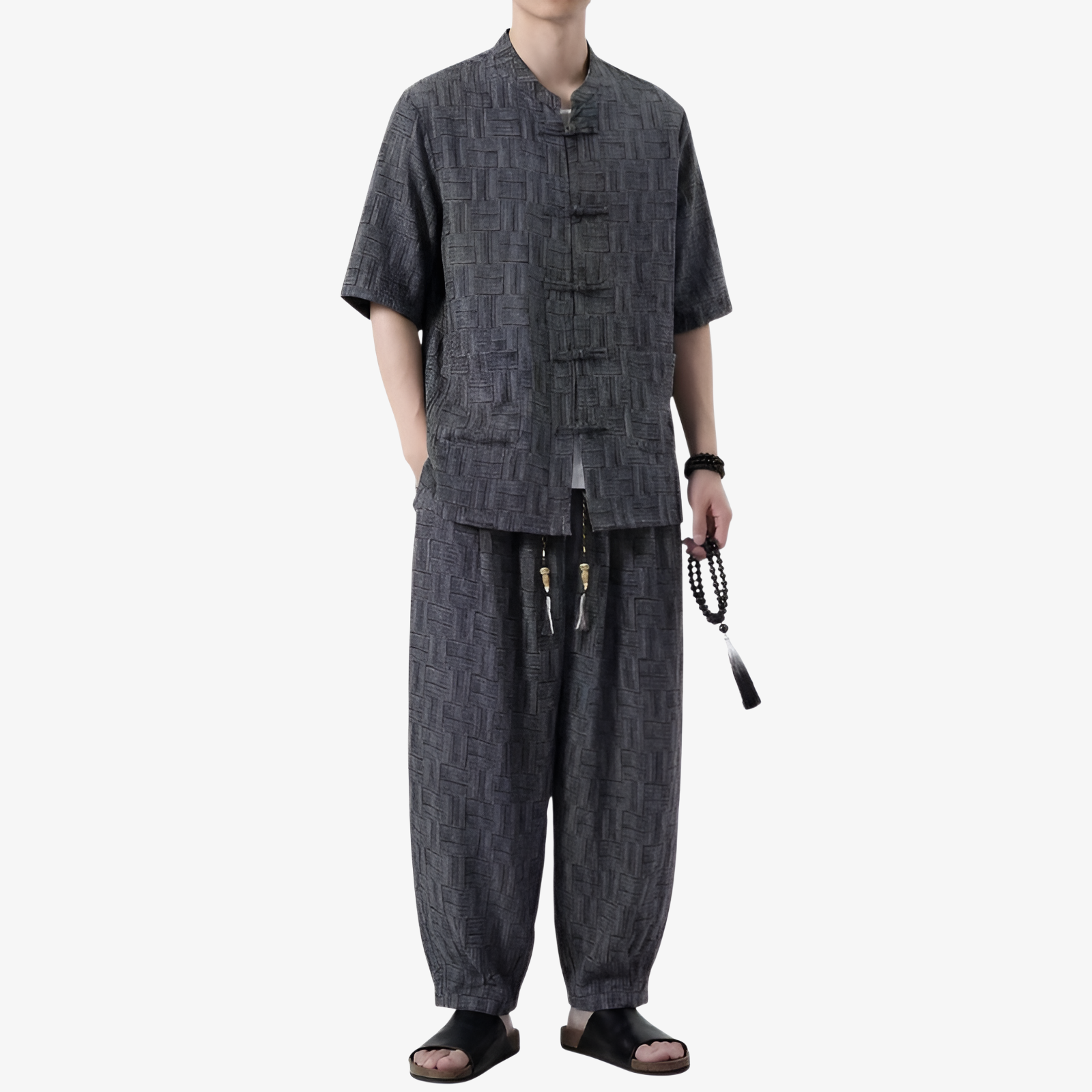 中国結びボタン付き メンズリネンスーツセットアップ