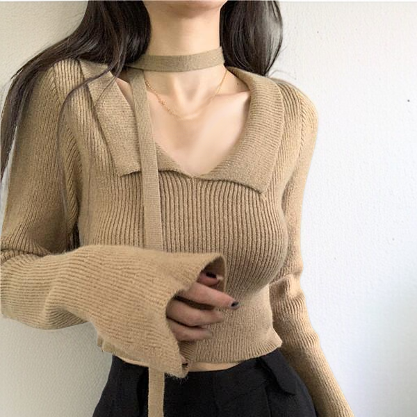 니트 여 퓨어 숏 슬림핏 긴팔 상의 니트 여자 쇼트 슬림 긴팔 톱