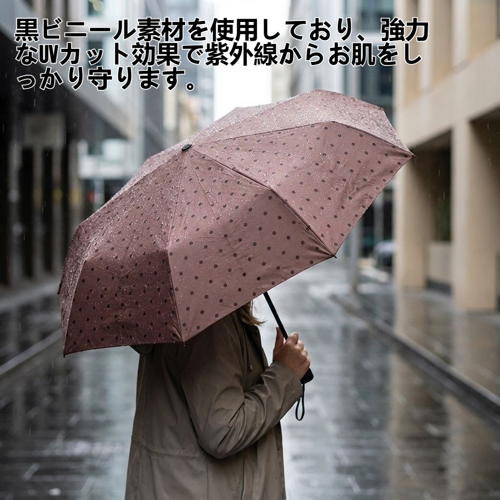 小さな水玉模様の折りたたみ式日傘（黒ビニール製）