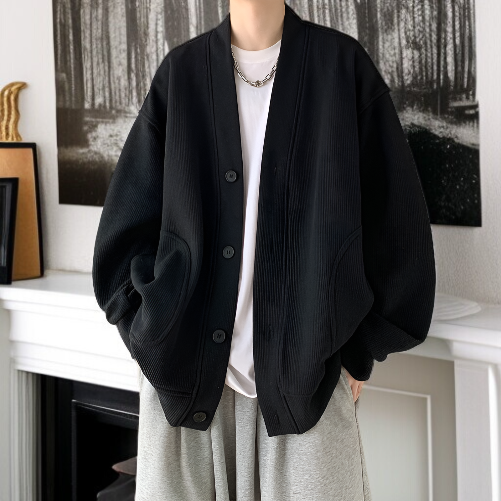 春と秋に着用する男性用のレイジースタイルのウールカーディガンジャケット、Vネックのアメリカンジャケットを備えた先進的な若々しいフードなしセーター