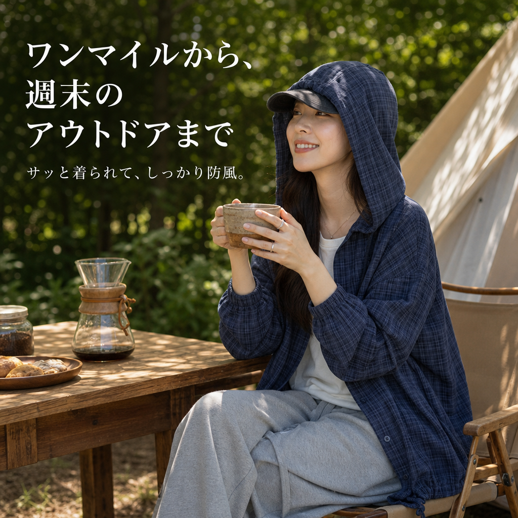 レディース文芸カジュアル格子フード付きジャケット