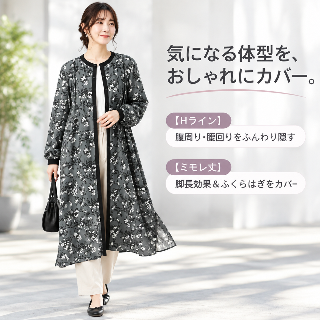 花柄クルーネックロングシャツドレス