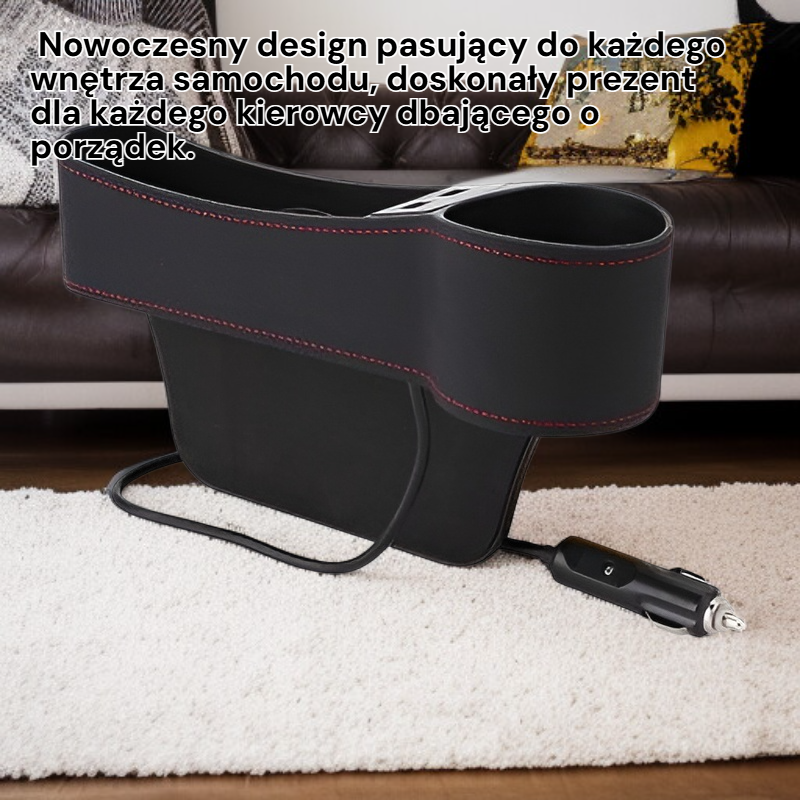 Wielofunkcyjny samochodowy organizer z ładowaniem USB i miejscem na kubek