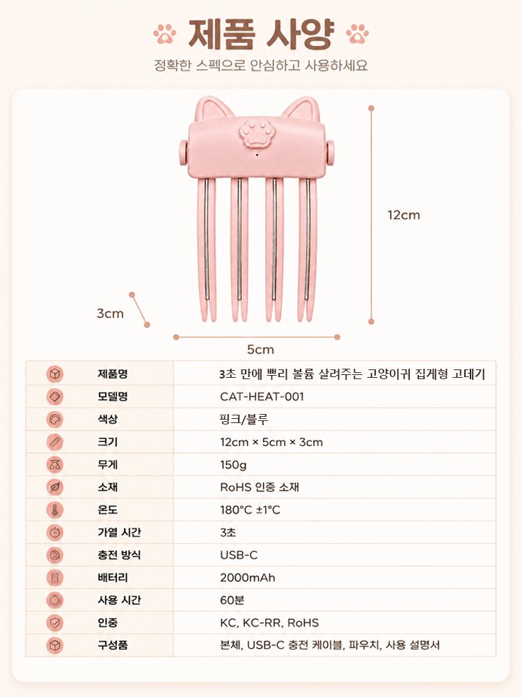 180도 고온으로 3초 만에 뿌리 볼륨 살려주는 고양이귀 집게형 고데기