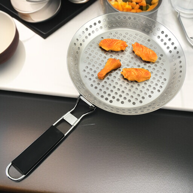 휴대용 Bbq 불판 야외 접이식 야채판 원형 펀칭 불판 나무 손잡이 야외 바베큐 접시