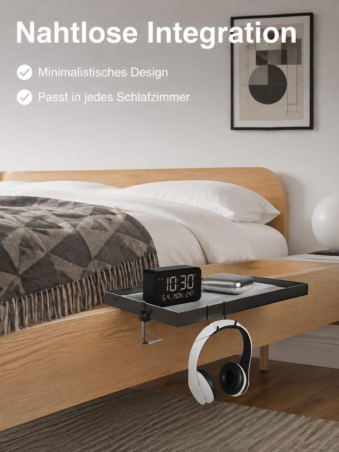 Bett-Side Organizer mit Clip am Bett befestigt