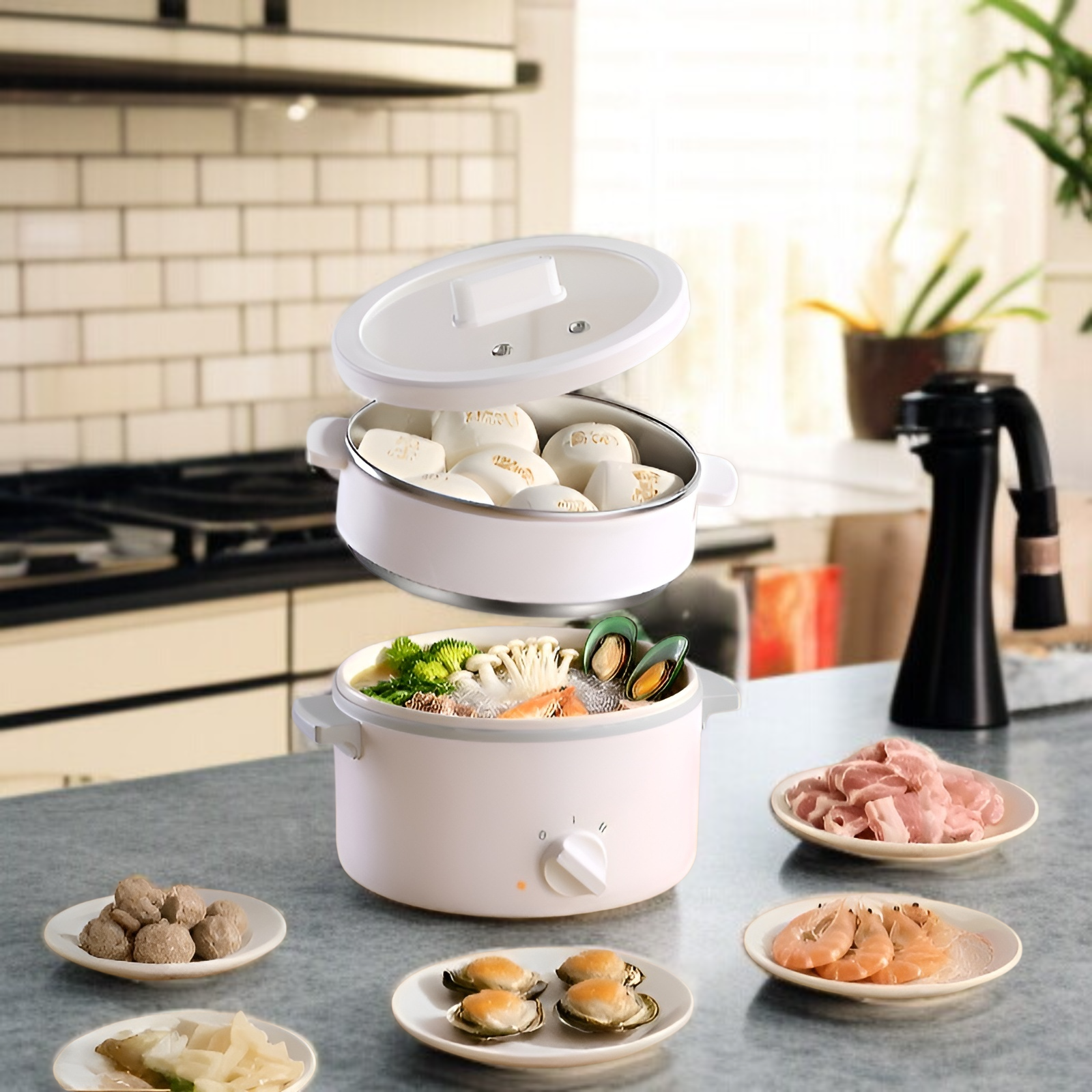 Asztali többfunkciós elektromos pároló, 1,5L kapacitás, két szintes kialakítás, penészálló