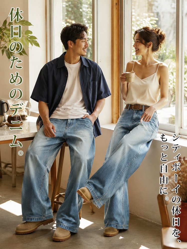 【男女兼用】ヴィンテージカーブワイドデニムパンツ