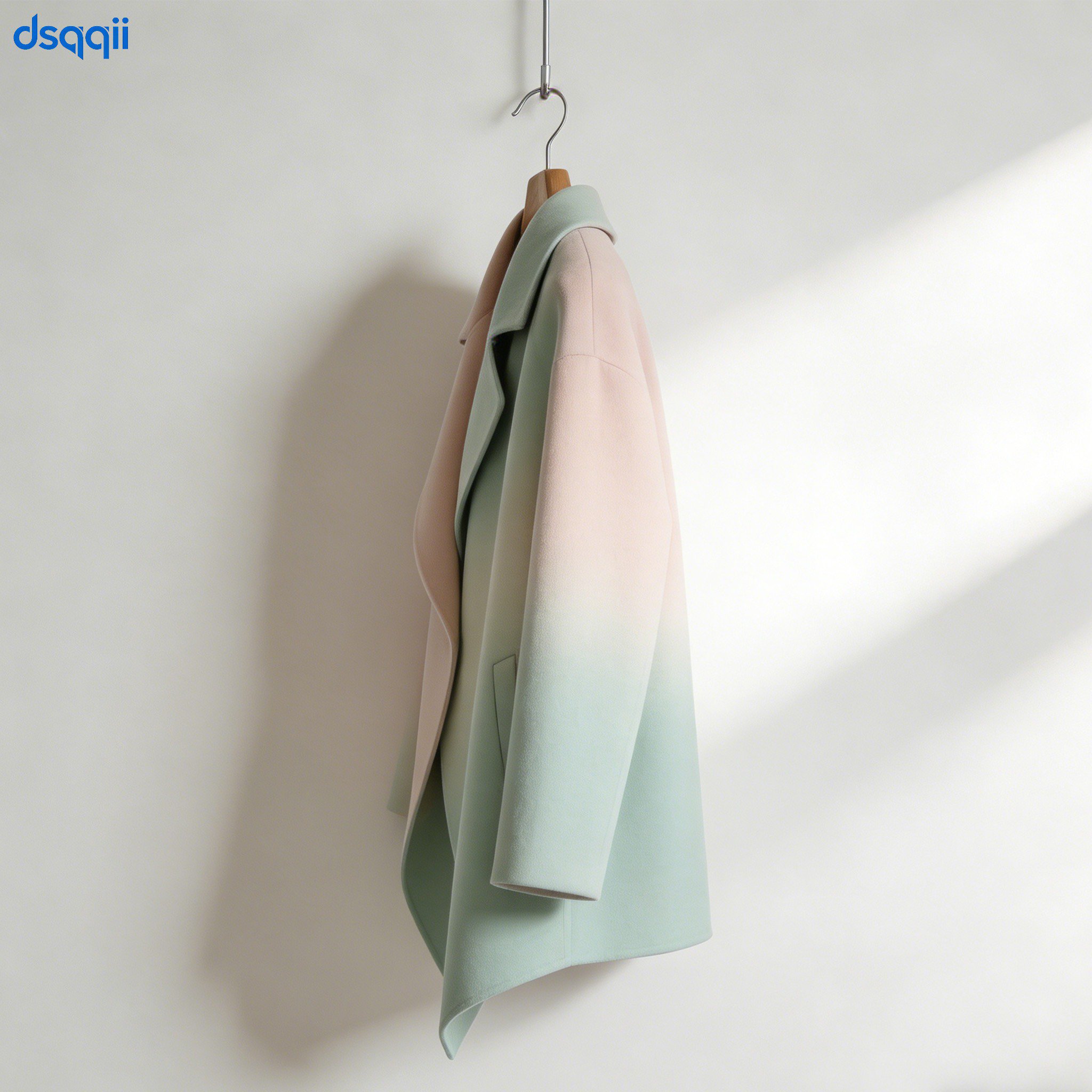 여성이 핑크 그린 그라데이션 울 코트를 입고 있는 모습