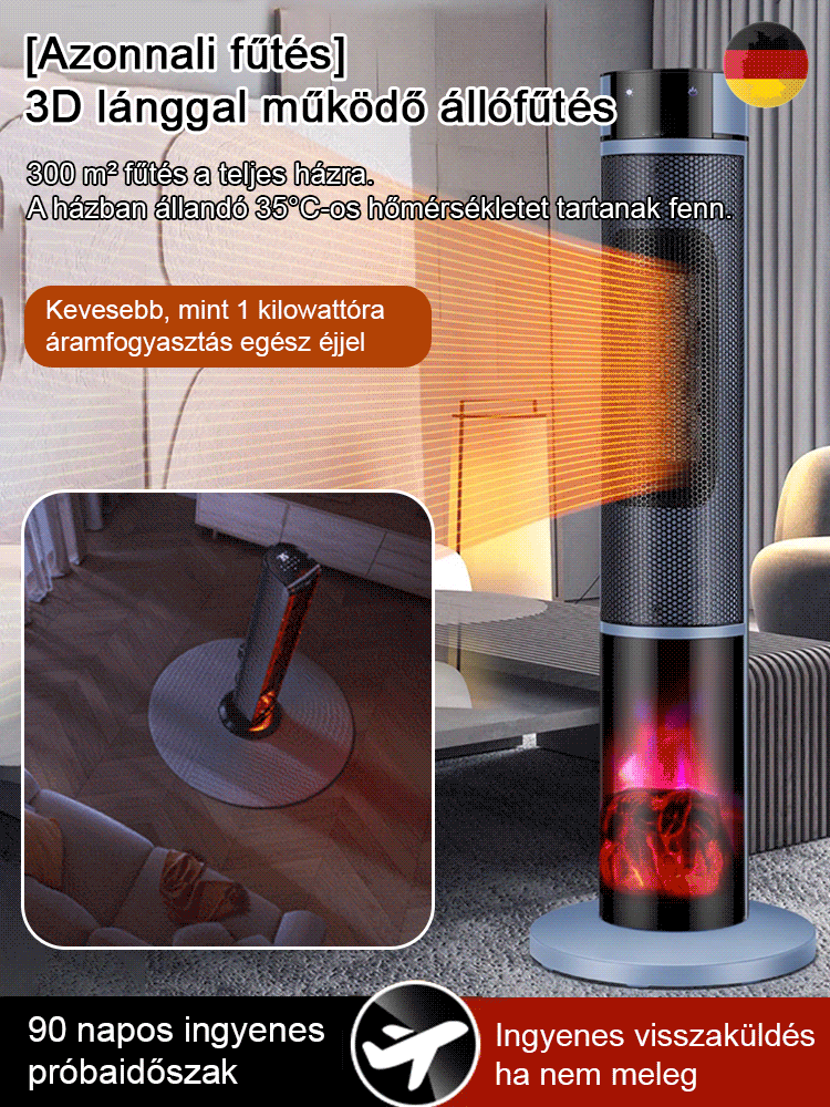 1 kWh/3 nap! 3 az 1-ben: fűtőventilátor + párásító + légtisztító — halk, termosztát