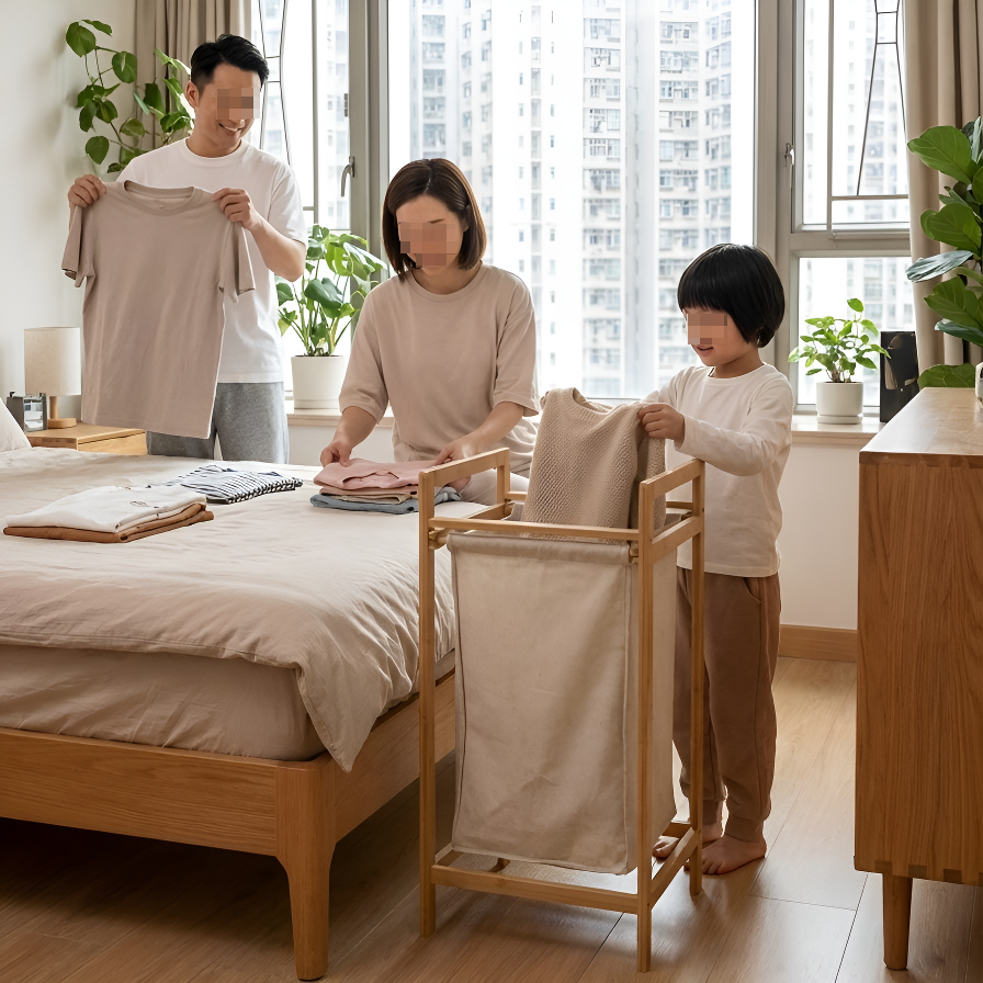 雙層木質分隔洗衣收納箱（自然色）