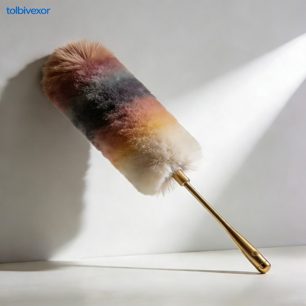 Hand using desktop duster to clean keyboard