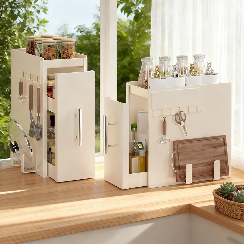 Staubgeschütztes, schmales Küchenregal aus Eisen mit Ausziehfunktion für Gewürze