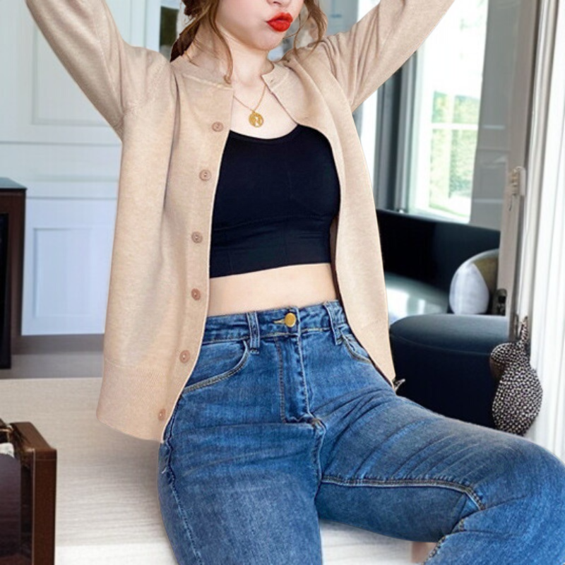 추동 아우터 여자 블랙 얇은 니트 카디건 니트 코트 긴팔 상의 라운드넥 여성 아우터 니트