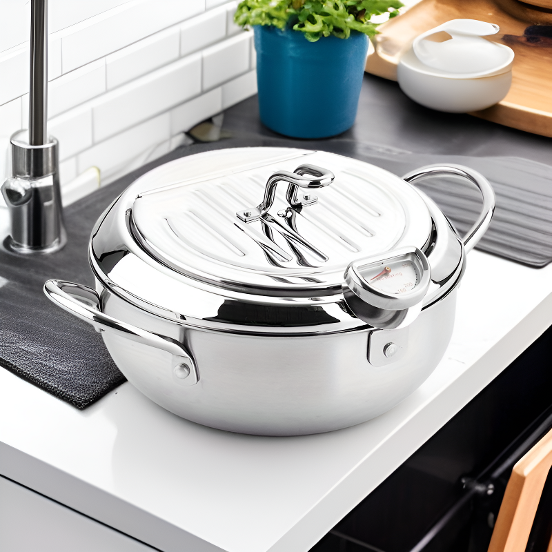 Fritteuse aus Edelstahl 304 mit Ölthermometer und Abtropfgestell